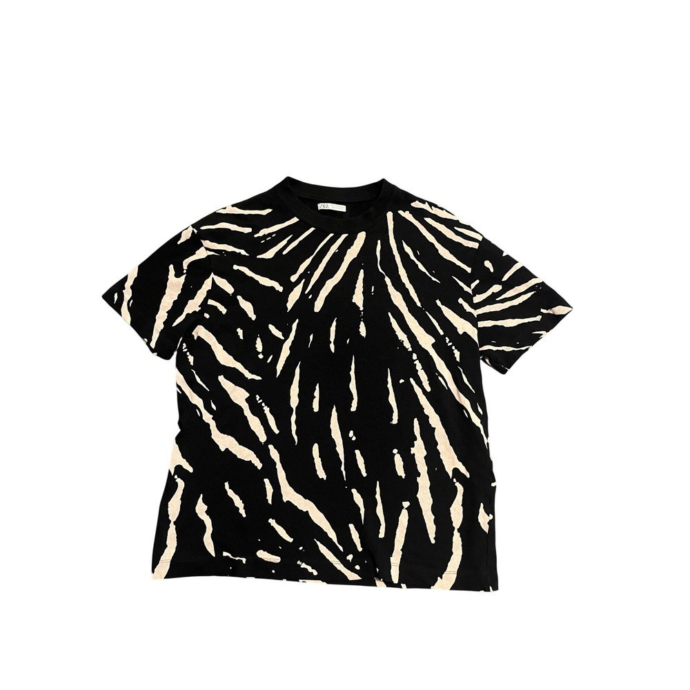 Zara T-Shirt Womens Medium Black Cream Tiger Stripe Abstract Cotton Streetwear